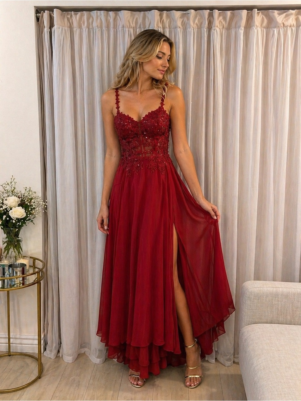 Dancing Queen Red Lace High-Low Evening Gown with Thigh Slit